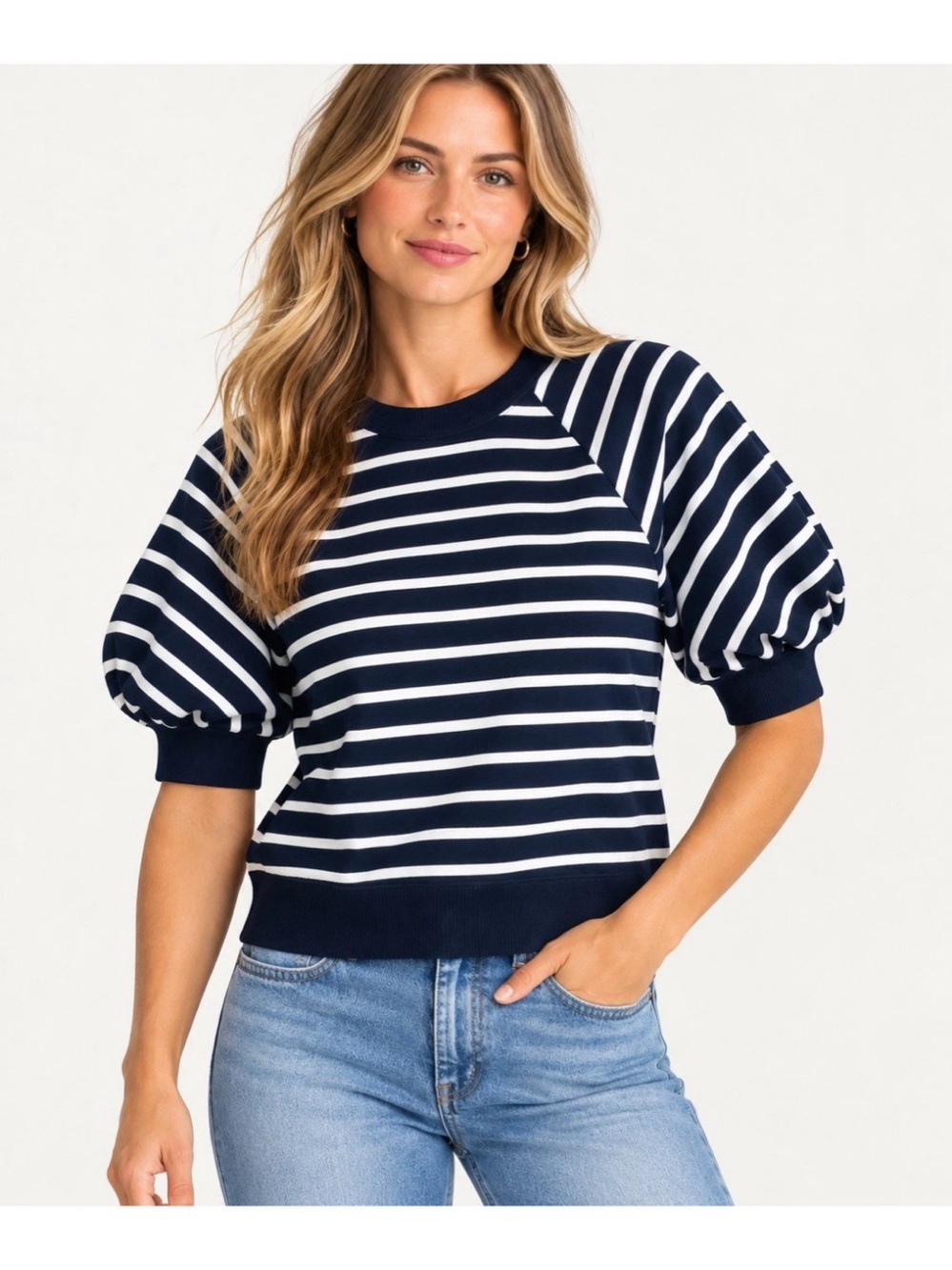 J.Crew Women’s Small Navy White Striped Puff Sleeve Sweatshirt 100% Cotton